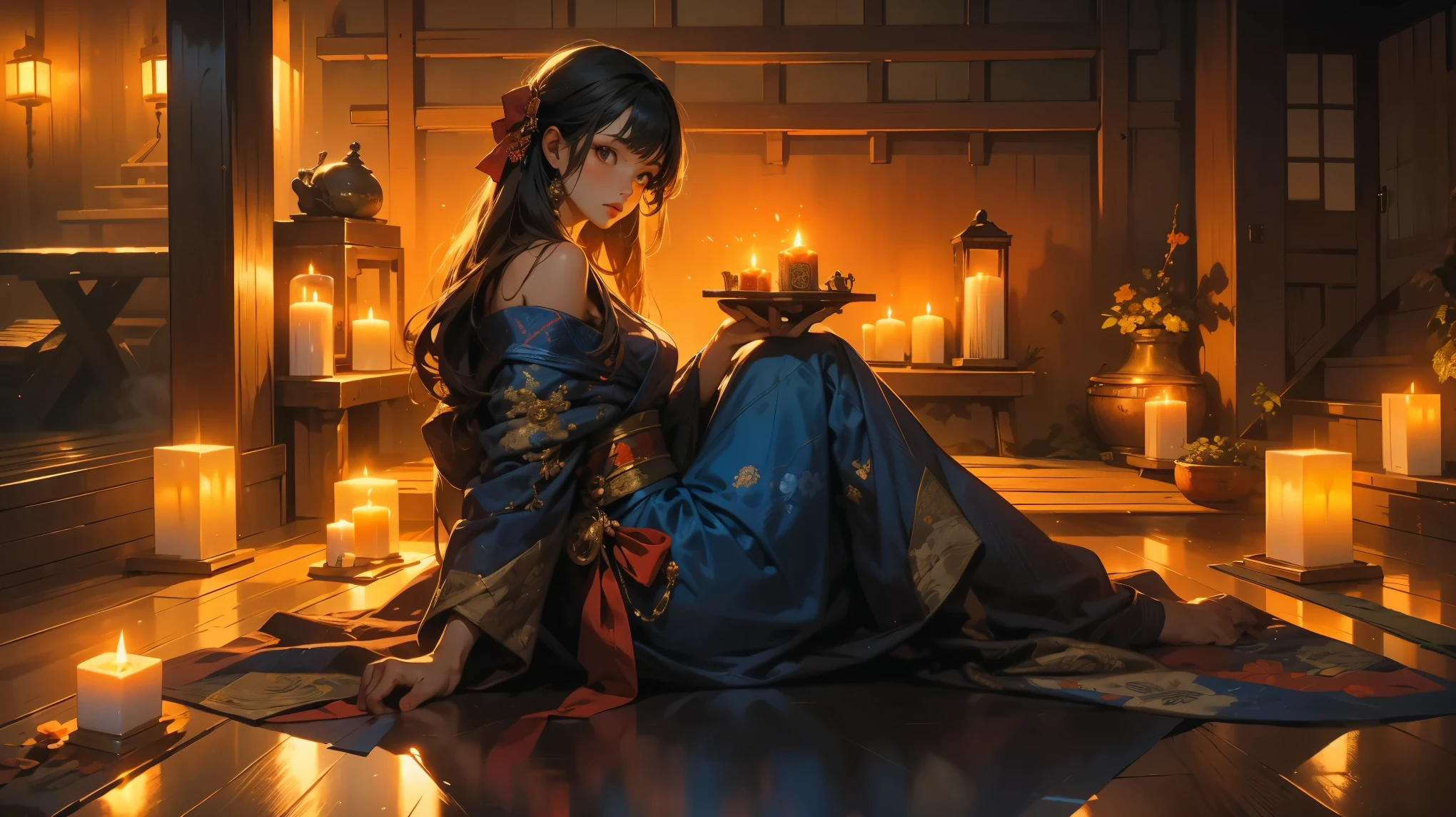 A girl, 1 girl, elaborate navy blue kimono, elaborately decorated ancient-Japanese hair, black eyes. pose: sitting facing the viewer, on a red cushion,head slightly bow,playing the shamisen. Setting: Night, traditional Japanese wooden room, wooden floor, 1(Japanese style candle holder). Candle light, dim, soft, orange light, with shadows.