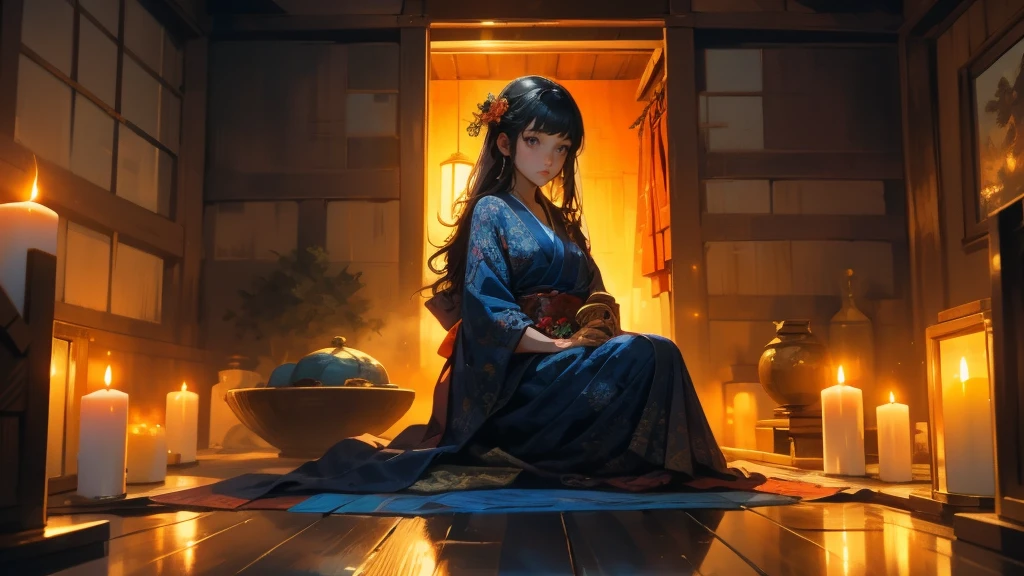 A girl, 1 girl, elaborate navy blue kimono, elaborately decorated ancient-Japanese hair, black eyes. pose: sitting facing the viewer, on a red cushion,head slightly bow,playing the shamisen. Setting: Night, traditional Japanese wooden room, wooden floor, 1(Japanese style candle holder). Candle light, dim, soft, orange light, with shadows.