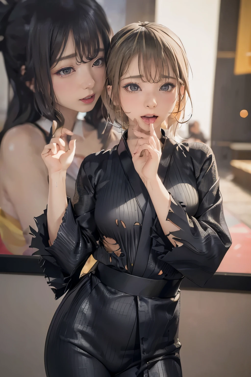 { 2 girls, surrounded by girls, ((caressing, kissing)), in a dark secret sexual social club, at night, ((pouting ass:0)), ((seen from side back:0)) }, { (masterpiece:1.1), (absurd resolution:1.1), (best quality:1.1), (photo realistic:1.6), (Luminous lighting:0), (Chiaroscuro:1.5), (((dim, low key))) }, { (makeups),(young, 20 years old),(blushed),(aroused:1.6),(seductive smile:0),(weeping:0),(eyes rolled up:0),(panting), ((oily shiny skin)), ((slender body)), (((beautiful perfect small tight ass:0))), ((blonde)) long hair }, { ((see-through)) ((black lingerie dress with detailed lace)), black stocking, garter belt, tiara }