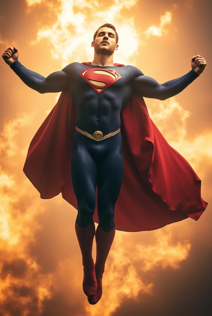 Cody Christian with an undercut haircut combed back, short beard, dressed in a clasic blue Superman costume, superhero boots, he is floating in the air, superman pose, superman, superman costume, superman is high, super high resolution, superhero body, superman emerging from the sun, Cody Christian as superman,