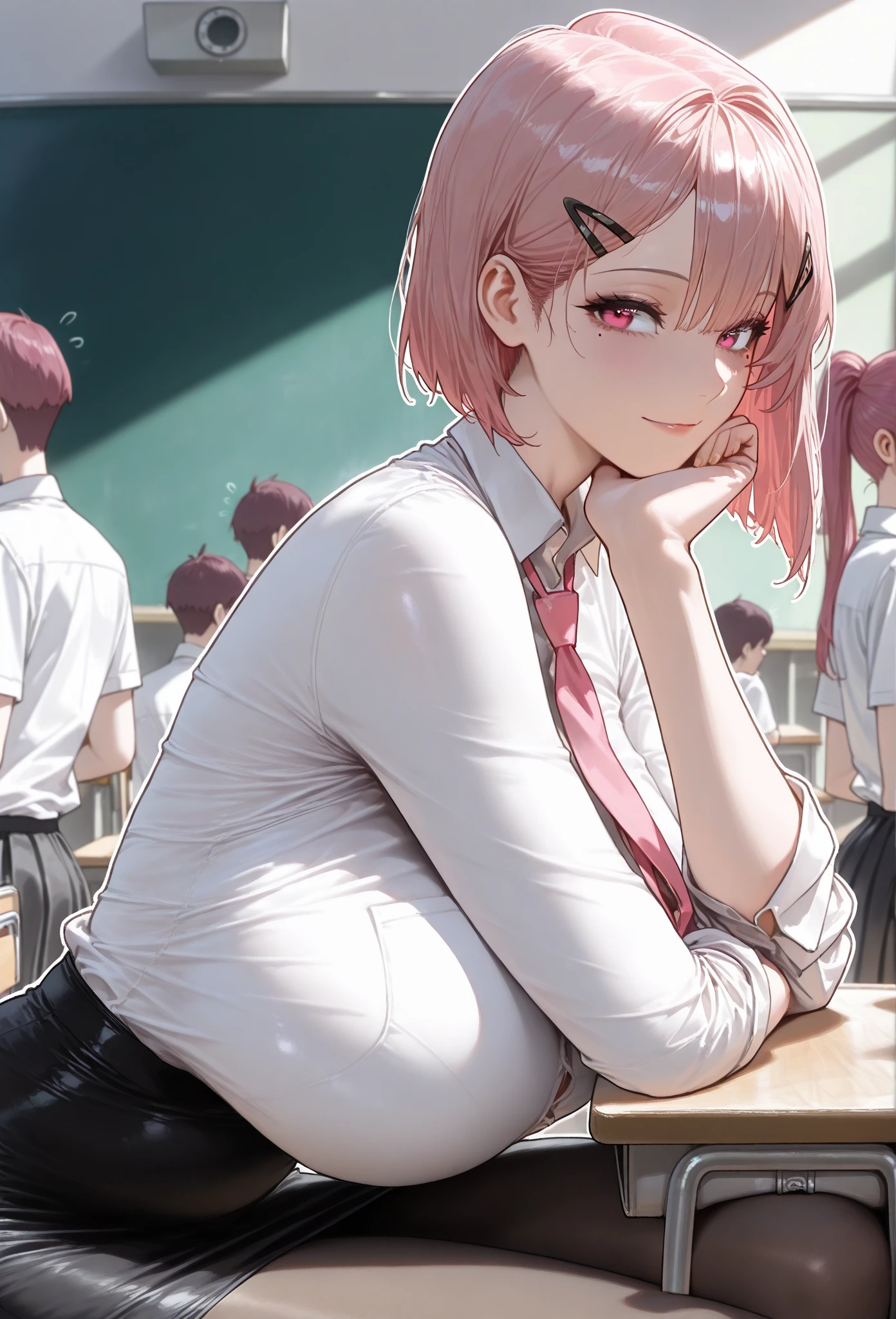 (masterpiece, high resolution, 2k resolution, best quality), (1girl, perfect anatomy, perfect face),
((pink hair), short hair, triangle hair clip), (pink eyes, perfect eyes),
white button shirt, pink tie, Tube skirt, Knee length pantyhose), Narrow shoulders,
((sitting, looking foward, side view, Arms on the table, one hand under the chin, propped up, classroom, people on the background),
(flushed, light smile, mole under eye),
(solo, 1girl), huge body, massive chest, mature woman, (white outline, 6px outline width),
(Hands joined on front), long ponytail