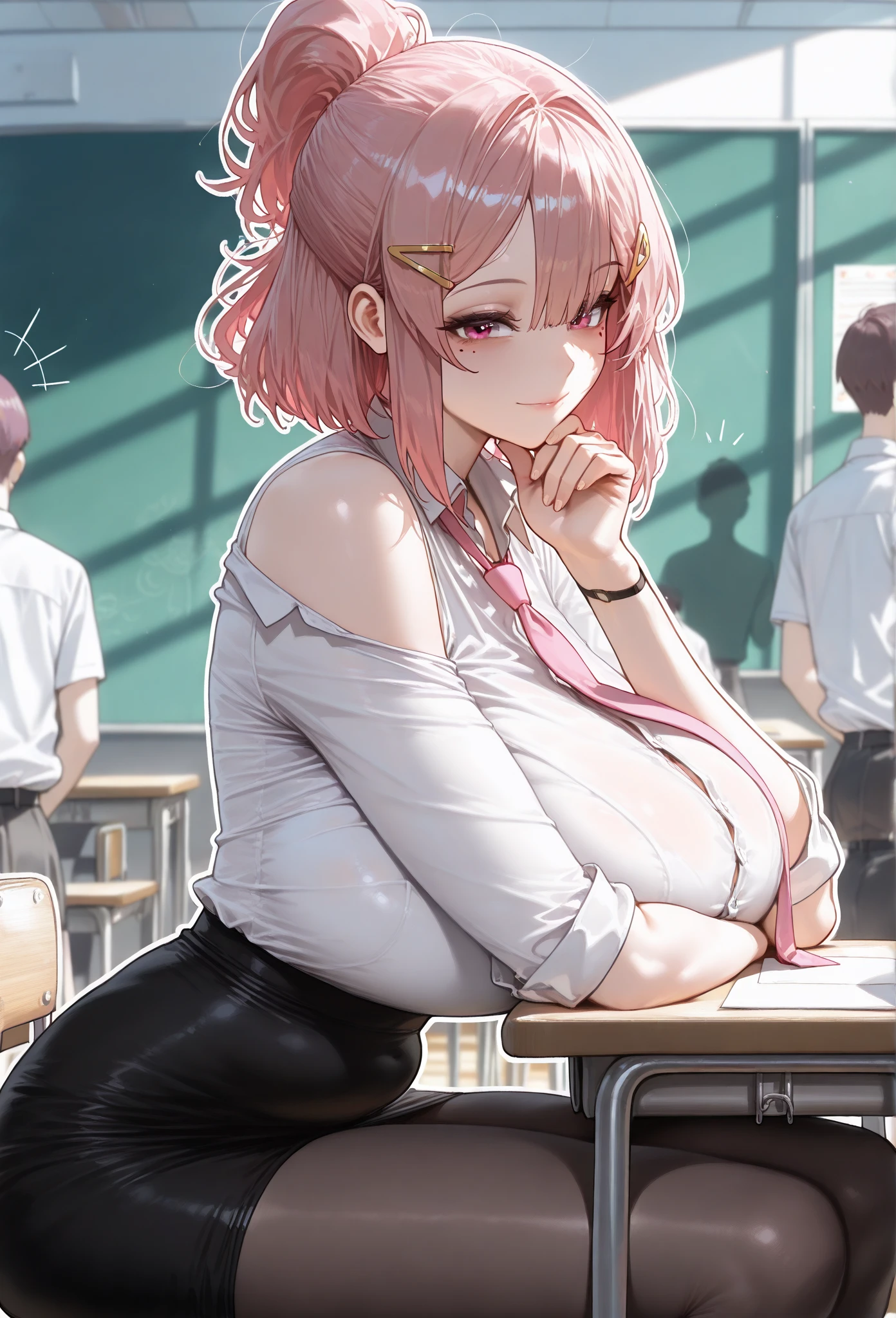 (masterpiece, high resolution, 2k resolution, best quality), (1girl, perfect anatomy, perfect face),
((pink hair), short hair, triangle hair clip), (pink eyes, perfect eyes),
white button shirt, pink tie, Tube skirt, Knee length pantyhose), Narrow shoulders,
((sitting, looking foward, side view, Arms on the table, one hand under the chin, propped up, classroom, people on the background),
(flushed, light smile, mole under eye),
(solo, 1girl), huge body, massive chest, mature woman, (white outline, 6px outline width),
(Hands joined on front), long ponytail