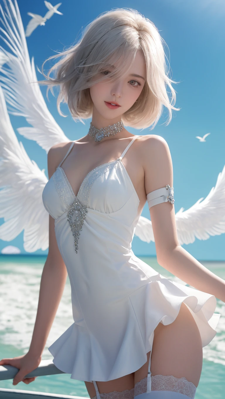 (Highest quality)), ((masterpiece)), (detailed), Angel Woman、Slim body、Very large breasts、Red Eyes、Blonde Hair、Two white feathers grow from the shoulder blades on its back.、Flying very fast through the air、happy、Completely naked、 ((front))、Sheer silk dress、The background is the air、sea of clouds、god々Cool atmosphere、Light Effects