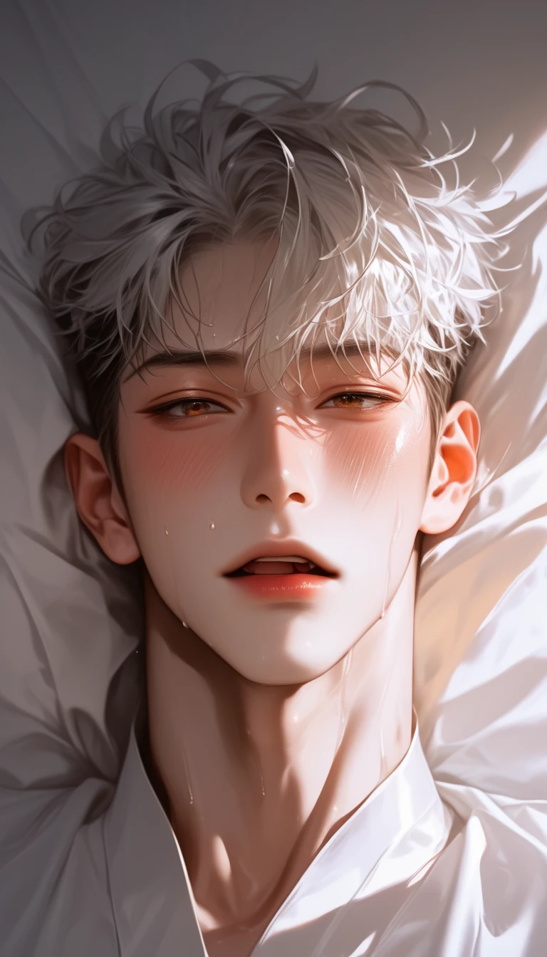 Take a picture ，White bed， first person， Full Body Photo ，A boy is lying down， is in good shape ， smooth skin ， Korean comic style ，Look at the lens，Young and energetic， is in good shape ，Cross Ministry ，Strong white skin ，wet hairstyle ， a handsome face and a small face ， Sweating，Gasp ， blush,An 18-year-old boy ， Glamorous Eyes 