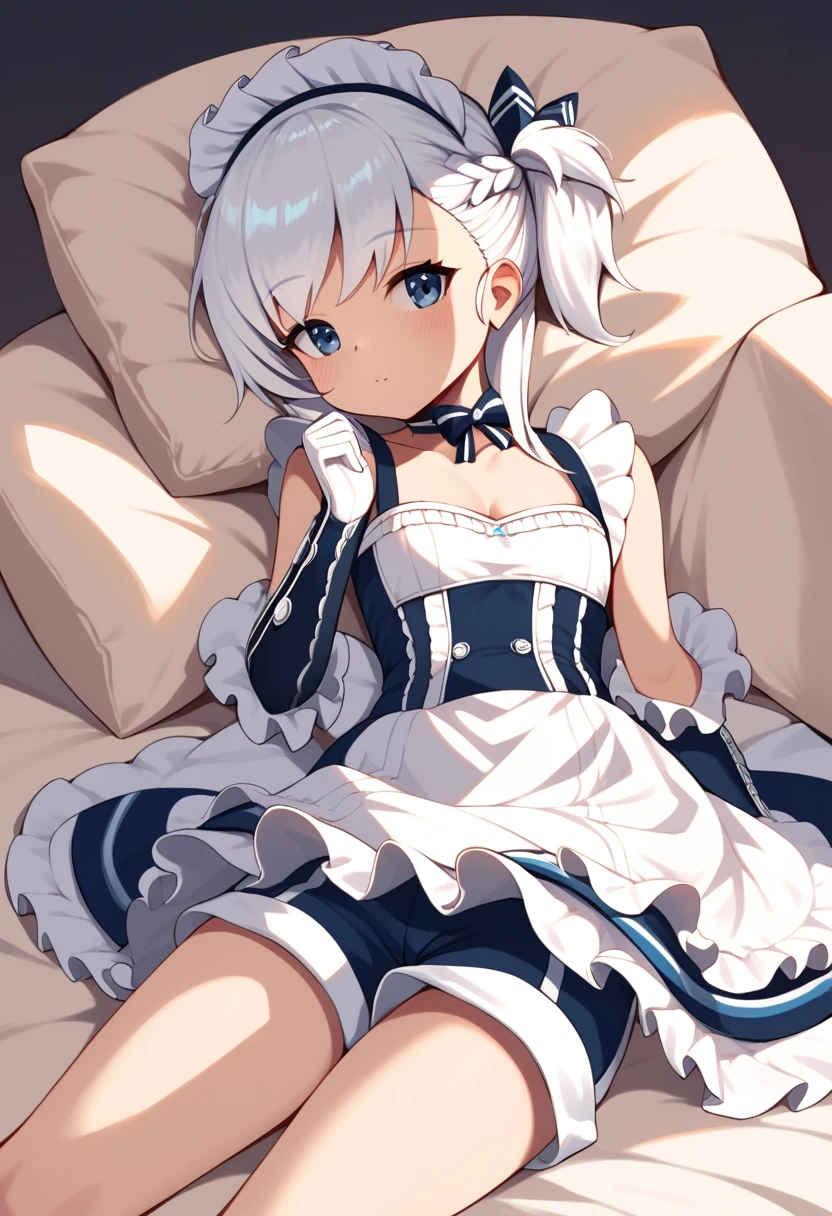 (Masterpiece, Slim Body, Delicate Fingers: 1.2), Best Quality, (Illustration: 1.2), (Hyper Detail), Eye Focus, Ultra Detail, (Fine Detail), (Intricate Detail), HDR, (Ultra Detail: 1.15), (Soft Light: 1.2), 1girl, ((ouji_lolita:1.5), (short white pants: 1.5),white panties, (skirt lift:1.5) (costume with blue accents:1.2), (long sleeve shirt), (White hair and blue highlights),cyan eyes, medium, short hair, solo, (medium breasts:1.2), masterpiece, (blushing:1.3), best quality, highly detailed, (loli:1.5), fullbody image