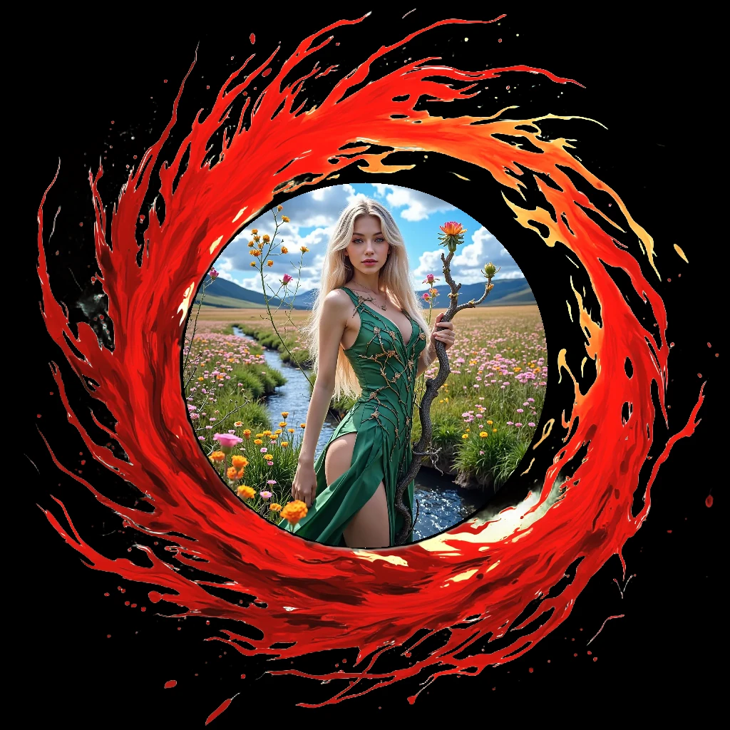 ( High quality , ultra detailed to hand ) ( careful hand ) Zodiac sign- Aries goddess , similar to latin goodness , Brave ,willful ,productive ,enterprising and humanitarian face . Moody, impulsive, impatient, assertive style . sunset reddish hair ,  , in the ocean with sun , whole body , crystal fire eyes ( eye detailed ) . strong powerful make up look . Fire goddess .