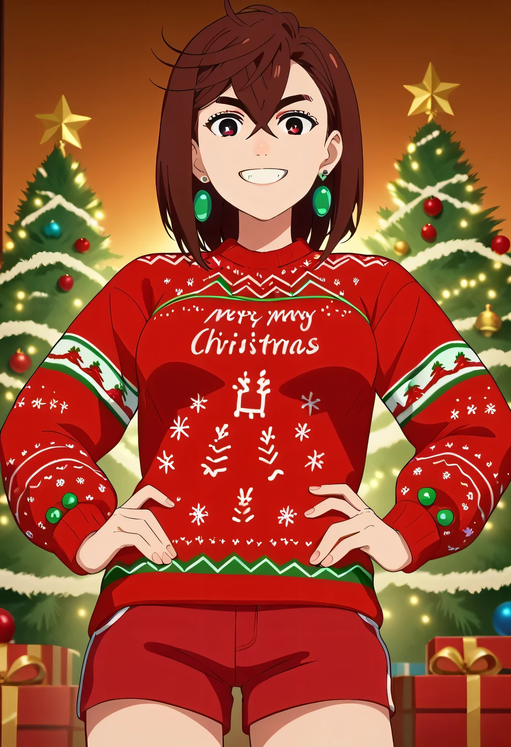 score_9, score_8_up, score_7_up, anime screencap, source_anime, 1girl, solo, KJOmomo, brown hair, dark eyes, medium hair, hair between eyes, thick eyebrows, earrings, (Beautiful, medium Breasts:1.2), christmas sweater, christmas, ugly sweater, print sweater, red sweater, christmas tree, christmas ornaments, sweater, multicolored sweater, v, smile, teeth, cowboy shot, dutch angle, cowboy shot, standing, red shorts, red_shorts, christmas pattern, hands on hip, nice legs,
