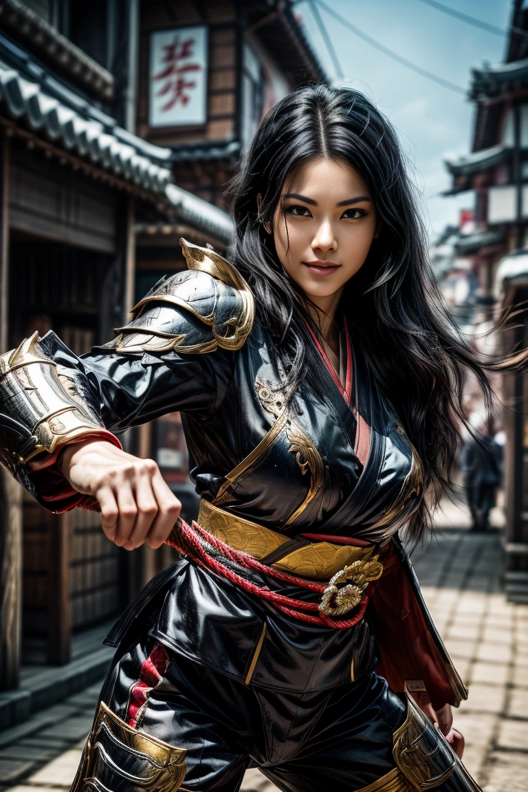  a sexy mature female character wearing armor as a Assassin from the sengoku period 、mature Assassin female with a sharp Japanese sword:1.3, Fight:1.2, beautiful and aesthetic, cute and sexy beauty, perfect style:1.2,((ties up long black hair hair))、((onyx black hair))、((toned body))、(glistening skin)、((beautiful breasts 1.3))、 plump breasts 、 plump thighs 、( A sexy female character wearing a black and red kimono armor )、(embarrassing smile, The expression on your face when you feel intense caress, Facial expression when feeling pleasure), (Wearing a  Sengoku uniform:1.1, ),  Super high resolution and realistic touch 、 ((dynamic fighting pose))、((dynamic pose))、 Strong yet elegant atmosphere ,A dynamic pose is depicted in detail、、Take a pose in the streets of the Sengoku period