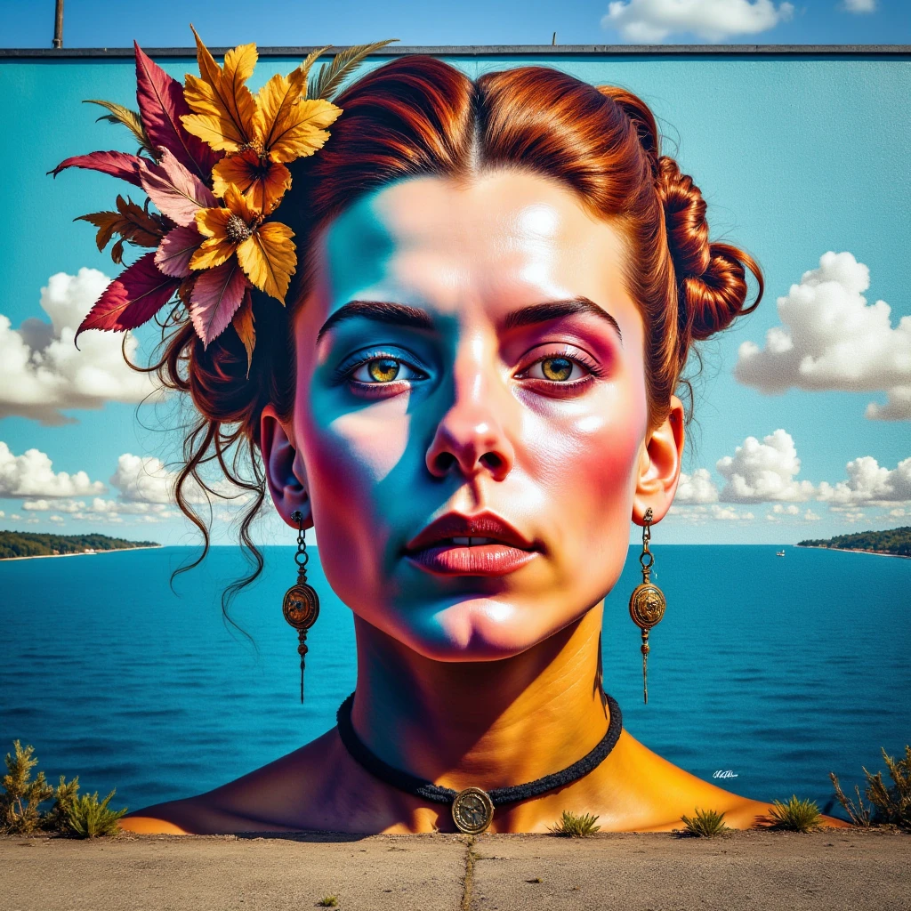 a large, colorful, graffiti-style mural of a woman's face  The mural is made of paint and has a textured surface. The background contains a clear sky, blue water, and white clouds. The image follows the golden ratio composition.