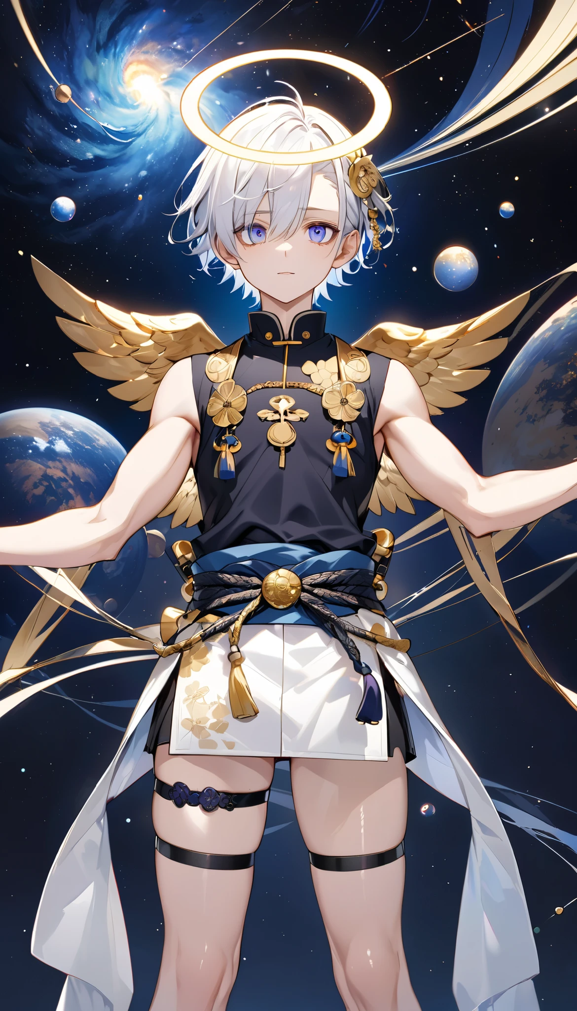 Fresh illustration,
Ultra-fine drawing,
Very delicate illustration,
Very fine details,
One boy,
Full body,
Standing motionless,
Both arms slightly bald,
Height 158cm,
Fair skin,
Right eye is purple,
Left eye is blue,
Odd eyes,
Heterochromie iris,
Beautiful eyes,
Large black pupils,
Short hair,
Blue roots and white hair elsewhere,
Hair with a gradient,
Shiny hair,
Cute face,
Pretty face,
A shining angel halo on the back of the head,
Raised eyebrows,
Upper body in kimono,
Upper body in traditional Japanese clothing,
Masculine build,
Six pack,
Very small breasts,
No breasts,
Lower body in Chinese dress,
Black obi,
Overall white clothes,
Tastefully embroidered with gold thread ,
Clothes with a high-quality texture,
Jock straps,
Thigh straps,
Thigh straps digging into the skin,
White long boots,
Japanese-style toes,
Number of fingers and toes: 5,
Thin waist,
Thin legs,
Isometric,
Golden ratio,
Divine atmosphere,
Wearing an indigo-colored stand-up collared inner,
Outer space,
Galaxy,
Countless small stars,
Tactical use of shadows,
Hairbands on head and hair do not extend beyond the frame,
Clothes do not extend beyond the frame,