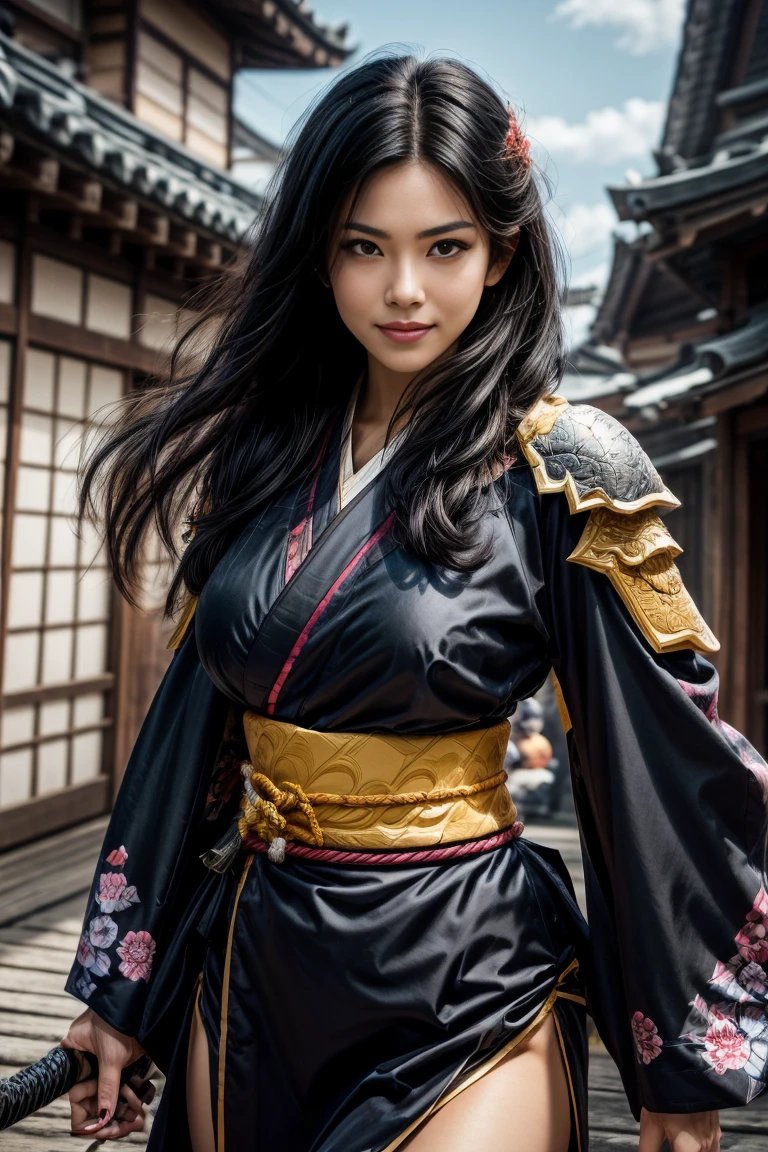  a sexy mature female character wearing armor as a Assassin from the sengoku period 、mature Assassin female with a sharp Japanese sword:1.3, Fight:1.2, beautiful and aesthetic, cute and sexy beauty, perfect style:1.2,((ties up long black hair hair))、((onyx black hair))、((toned body))、(glistening skin)、((beautiful breasts 1.3))、 plump breasts 、 plump thighs 、( A sexy female character wearing a black and red kimono armor )、(embarrassing smile, The expression on your face when you feel intense caress, Facial expression when feeling pleasure), (Wearing a  Sengoku uniform:1.1, ),  Super high resolution and realistic touch 、 ((dynamic fighting pose))、((dynamic pose))、 Strong yet elegant atmosphere ,A dynamic pose is depicted in detail、、Take a pose in the streets of the Sengoku period