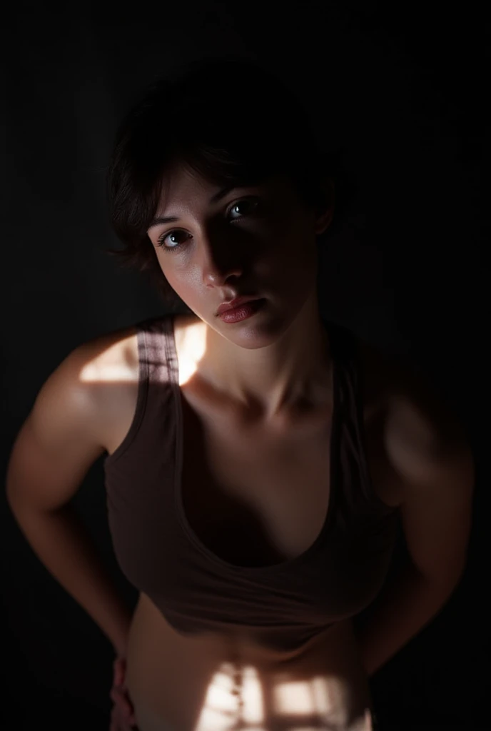 Phenomenal photographic portrait in the ruins. , canon 3.5mm, f1.6, of an average, very slim and Spanish, ethereal woman about looking into the camera. Her face is partially lit and her gaze on the viewer is full of tension. There is semi-darkness, but sunlight enters the room and illuminates the right side of her face. The light is found, low key, set to a wide F1.5 aperture, .  Rays of light, strong chiaroscuro, rembrandt light