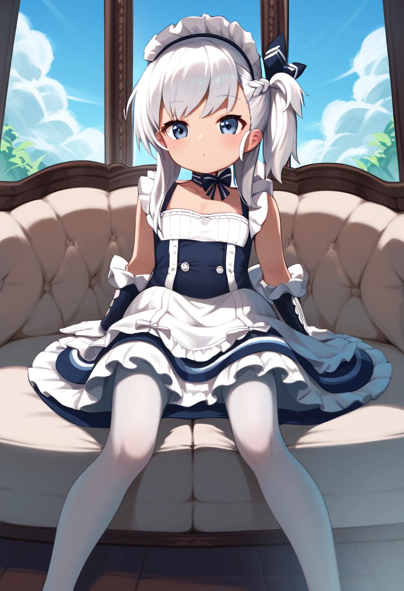 Little Bel  \(azur lane\), Maid ,  sitting on the couch .  in this, reflection, view between the legs, mirror.