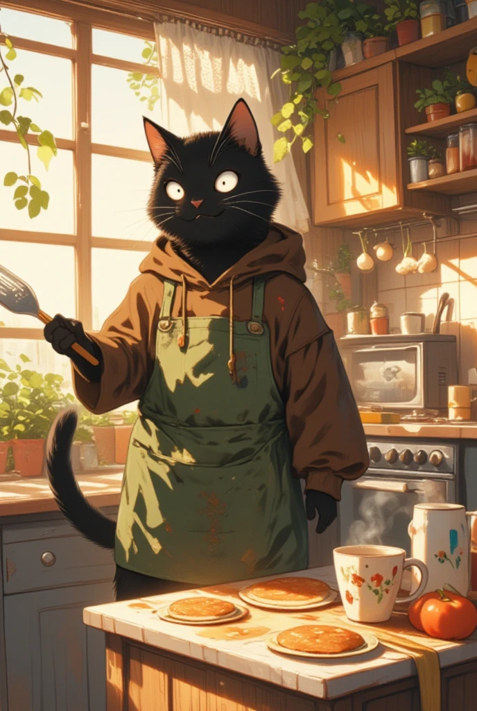 Create an illustration set in a warm, sunlit kitchen where a large black cat is preparing breakfast. Its eyes appear sharp, giving an initially intimidating impression, but a softer smile shows its gentle character. The kitchen is full of rustic charm, with wooden cabinets and a vintage-style oven. This cat is wearing a snug, tea-stained brown hoodie and a thick, worn moss green apron stained slightly from recent cooking. It stands on its hind legs at the counter, skillfully flipping pancakes with a spatula, tail curling in contentment. Sunbeams pour through the lace curtains, casting playful shadows across the countertops. The kitchen is adorned with potted herbs and hanging garlic, enveloping the scene in a cozy, inviting aroma. The overall ambiance of the illustration should convey warmth and the simple joy of starting one's day with a habitual ritual. A subtle touch of steam rising from a mug of freshly brewed coffee adds to the coziness of this inviting morning scene.