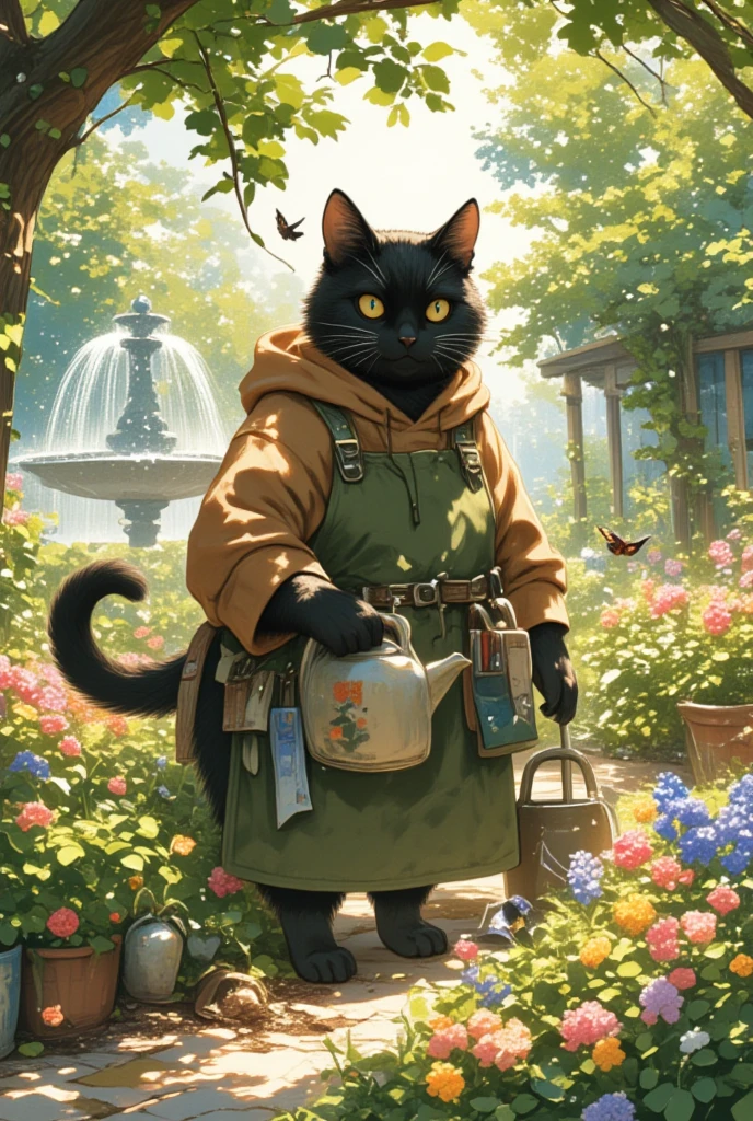 (A large male black cat with a slightly menacing yet gentle appearance) is depicted tending to a vibrant garden. He wears a cozy brown hoodie under a thick, moss-green apron that shows signs of frequent use, with dirt stains and fading patches. His sharp, piercing eyes, which convey a sense of wisdom and warmth, survey the flourishing scene before him. The garden is a verdant oasis, teeming with colorful flowers that sway gently in the breeze and tall sunflowers that tower over the cat, casting playful shadows. A rustic wooden barrel filled with fresh rainwater stands to the side, reflecting rippling sunlight. Scattered around are terracotta pots containing various herbs, and the earth is rich with healthy, dark soil. Wisps of lavender scent the air, mingling with the fresh aroma of mint and rosemary. Nearby, a stone path winds through the garden, leading to a quaint, weathered bench under a sprawling oak tree, its leaves whispering secrets of the seasons past. The setting sun casts a warm, golden hue over the scene, creating an atmosphere of serene tranquility.