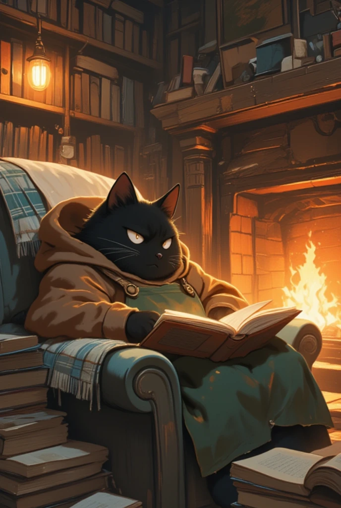 Imagine a large black cat nestled in a cozy reading nook beside a crackling fireplace. Its eyes initially appear sharp and intense, but as it settles down with a book, its expression melts into one of peaceful contentment. The room is a sanctuary of warmth, with bookshelves filled to the brim and soft, ambient lighting casting a gentle glow. The cat wears its now-familiar brown hoodie and moss green apron, slightly singed at the edges from tending the fire. Curled up on an oversized, well-worn armchair, it holds a book open, seemingly lost in the narrative. A soft plaid blanket is draped over its lap, and the rhythmic sound of the pages turning synchronizes with the crackling fire. The scene embodies an atmosphere of tranquility and introspection, inviting viewers to appreciate the quiet warmth of solitary moments filled with stories and imagination.