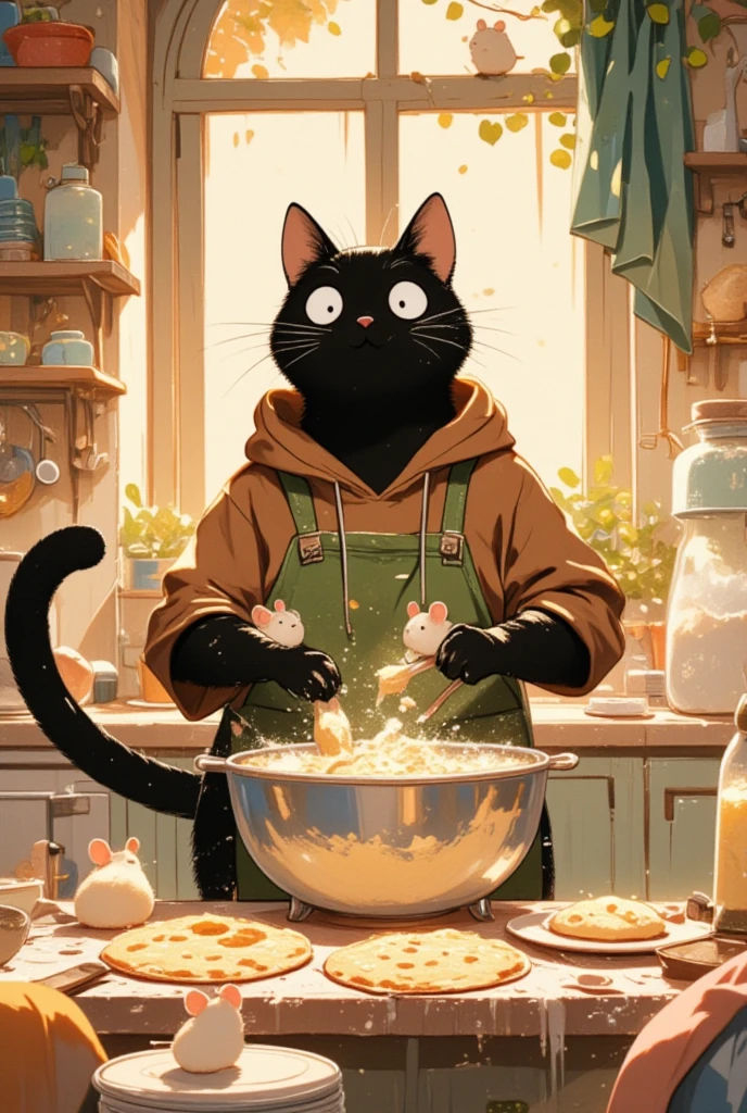 Picture an illustration where a large black cat hosts a baking afternoon with its small animal friends in its warm, inviting kitchen. Despite its initially fierce gaze, the feline's kindness shines through its attentive and patient demeanor. Wearing a worn brown hoodie and a flour-dusted moss green apron, it orchestrates mixing and kneading dough with utmost enthusiasm. Little animals, such as mice and birds, assist joyfully, perched on the countertops, adding sprinkles and tasting batters. Freshly baked cookies and pastries fill the air with a comforting aroma as trays line cooling racks. The cat's tail sways leisurely, illustrating its delight in the company and shared activity. Sunlight streams through the windows, highlighting the camaraderie among these unlikely friends and emphasizing warmth and friendship. This scene captures the joy of communal baking and shared laughter in a homely, cheerful setting.