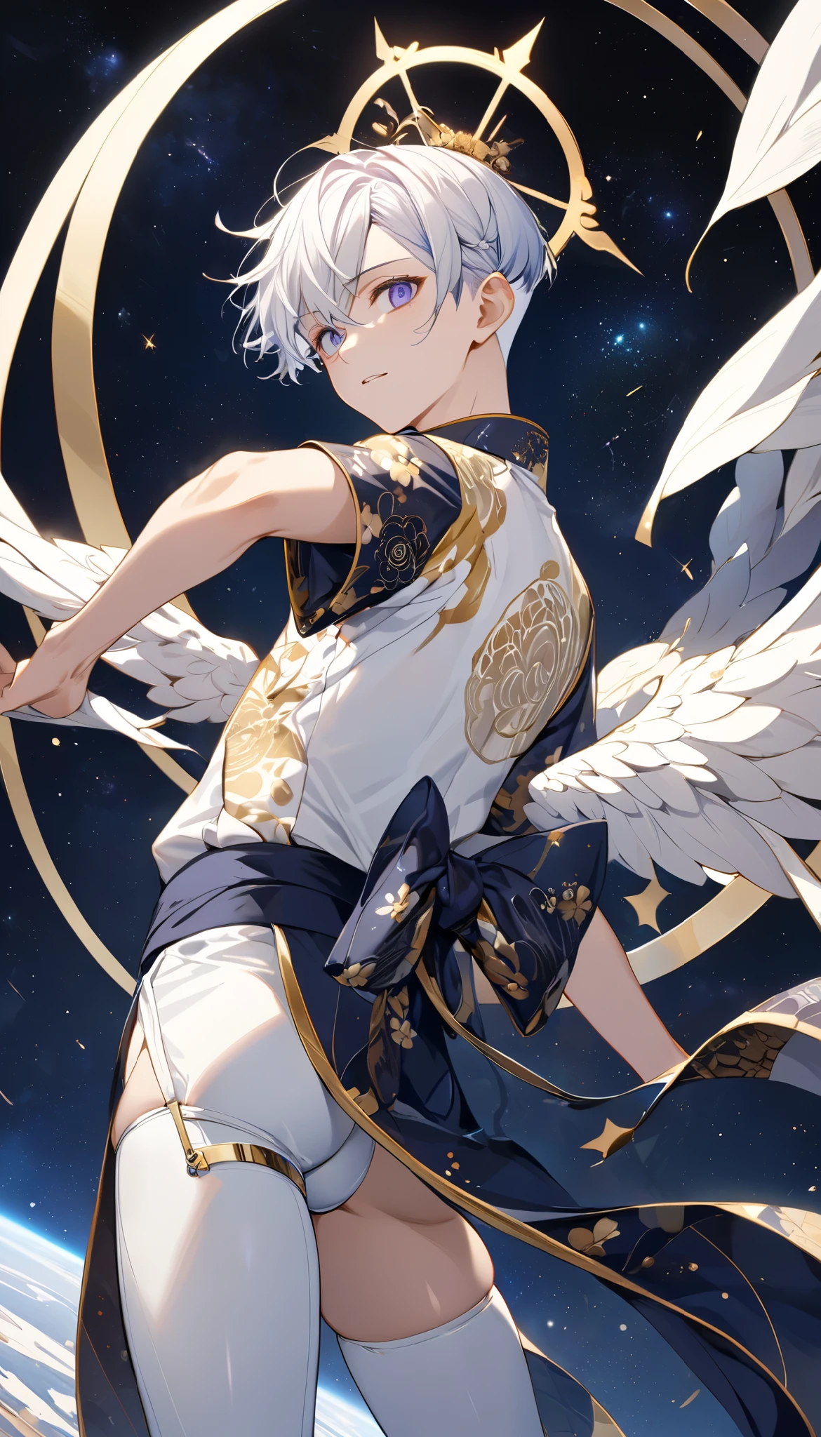 Fresh illustration,
Ultra-fine drawing,
Very delicate illustration,
Very fine details,
One boy,
Full body,
Standing motionless,
Both arms slightly bald,
Height 158cm,
Fair skin,
Right eye is purple,
Left eye is blue,
Odd eyes,
Heterochromie iris,
Beautiful eyes,
Large black pupils,
Short hair,
Blue roots and white hair elsewhere,
Hair with a gradient,
Shiny hair,
Cute face,
Pretty face,
A shining angel halo on the back of the head,
Raised eyebrows,
Upper body in kimono,
Upper body in traditional Japanese clothing,
Masculine build,
Six pack,
Very small breasts,
No breasts,
Lower body in Chinese dress,
Black obi,
Overall white clothes,
Tastefully embroidered with gold thread ,
Clothes with a high-quality texture,
Jock straps,
Thigh straps,
Thigh straps digging into the skin,
White long boots,
Japanese-style toes,
Number of fingers and toes: 5,
Thin waist,
Thin legs,
Isometric,
Golden ratio,
Divine atmosphere,
Wearing an indigo-colored stand-up collared inner,
Outer space,
Galaxy,
Countless small stars,
Tactical use of shadows,
Hairbands on head and hair do not extend beyond the frame,
Clothes do not extend beyond the frame,