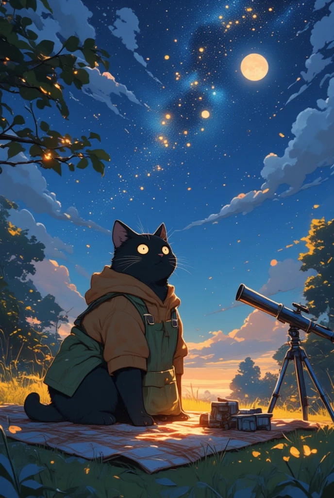 (A large male black cat with a slightly menacing yet gentle appearance) is depicted tending to a vibrant garden. He wears a cozy brown hoodie under a thick, moss-green apron that shows signs of frequent use, with dirt stains and fading patches. His sharp, piercing eyes, which convey a sense of wisdom and warmth, survey the flourishing scene before him. The garden is a verdant oasis, teeming with colorful flowers that sway gently in the breeze and tall sunflowers that tower over the cat, casting playful shadows. A rustic wooden barrel filled with fresh rainwater stands to the side, reflecting rippling sunlight. Scattered around are terracotta pots containing various herbs, and the earth is rich with healthy, dark soil. Wisps of lavender scent the air, mingling with the fresh aroma of mint and rosemary. Nearby, a stone path winds through the garden, leading to a quaint, weathered bench under a sprawling oak tree, its leaves whispering secrets of the seasons past. The setting sun casts a warm, golden hue over the scene, creating an atmosphere of serene tranquility.