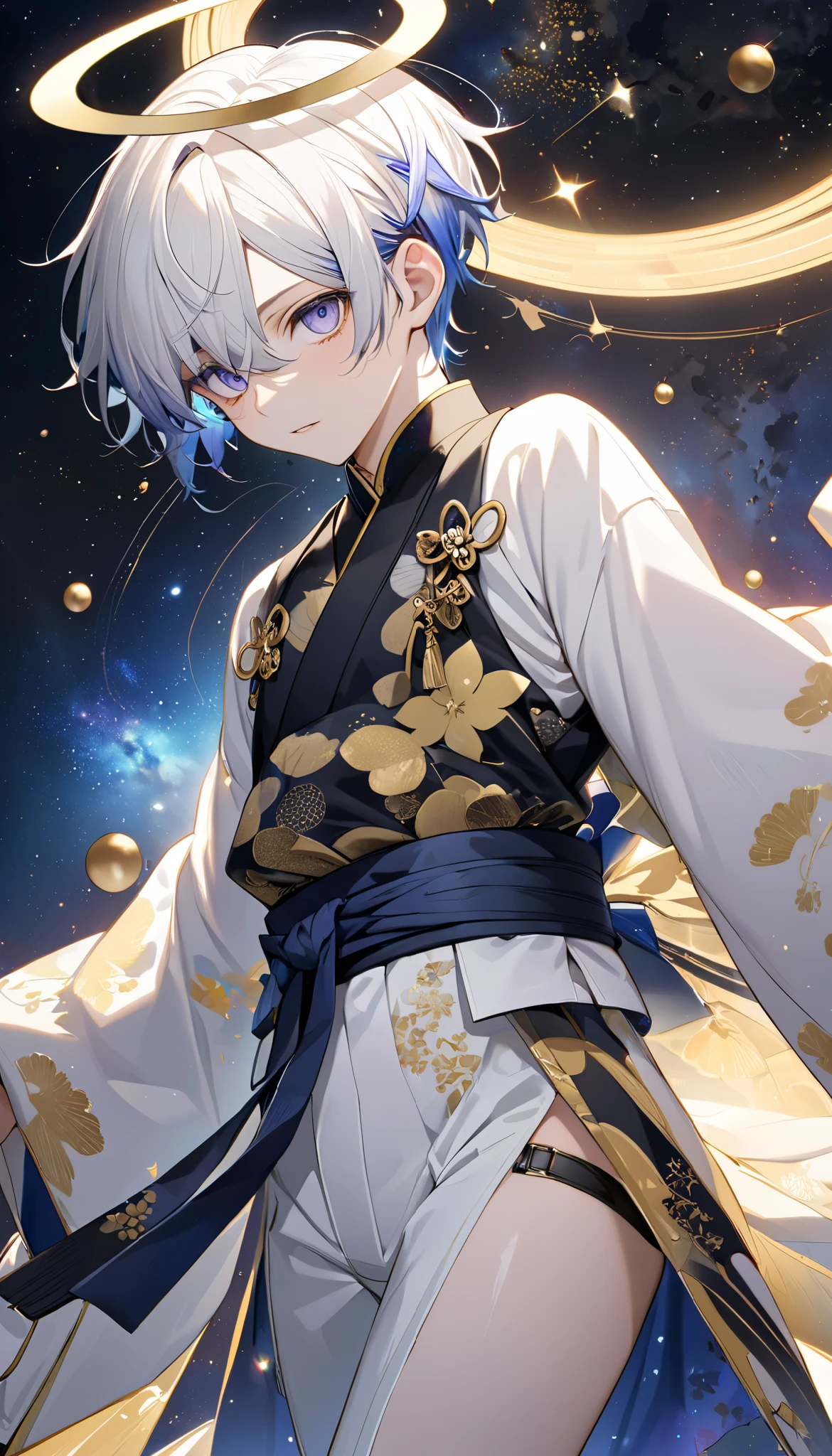 Fresh illustration,
Ultra-fine drawing,
Very delicate illustration,
Very fine details,
One boy,
Full body,
Standing motionless,
Both arms slightly bald,
Height 158cm,
Fair skin,
Right eye is purple,
Left eye is blue,
Odd eyes,
Heterochromie iris,
Beautiful eyes,
Large black pupils,
Short hair,
Blue roots and white hair elsewhere,
Hair with a gradient,
Shiny hair,
Cute face,
Pretty face,
A shining angel halo on the back of the head,
Raised eyebrows,
Upper body in kimono,
Upper body in traditional Japanese clothing,
Masculine build,
Six pack,
Very small breasts,
No breasts,
Lower body in Chinese dress,
Black obi,
Overall white clothes,
Tastefully embroidered with gold thread ,
Clothes with a high-quality texture,
Jock straps,
Thigh straps,
Thigh straps digging into the skin,
White long boots,
Japanese-style toes,
Number of fingers and toes: 5,
Thin waist,
Thin legs,
Isometric,
Golden ratio,
Divine atmosphere,
Wearing an indigo-colored stand-up collared inner,
Outer space,
Galaxy,
Countless small stars,
Tactical use of shadows,
Hairbands on head and hair do not extend beyond the frame,
Clothes do not extend beyond the frame,