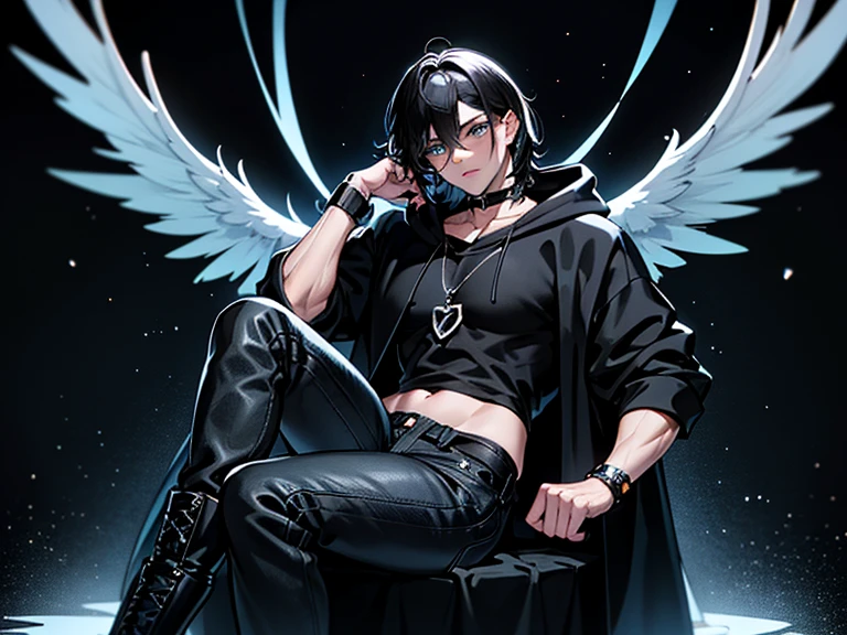 A trans male angel .  He has big black wings ,  black shoulder-length hair ,  grey-blue eyes ,  he is 28 years old ,  he is wearing a black hoodie ,  who is too big and hangs over his butt and hips .  Under the black hoodie he wears black jeans on his feet and he has black boots on .  The hoodie makes the breasts easy to see .  he has a female face .  He wears a necklace around his neck ,  The pendant is a pair of silver angels .  He wears a silver ring on his finger and leather bracelets on both wrists .  He is sitting on a black cloud against a black background with snowflakes and bright yellow stars.  The picture should be a wallpaper .