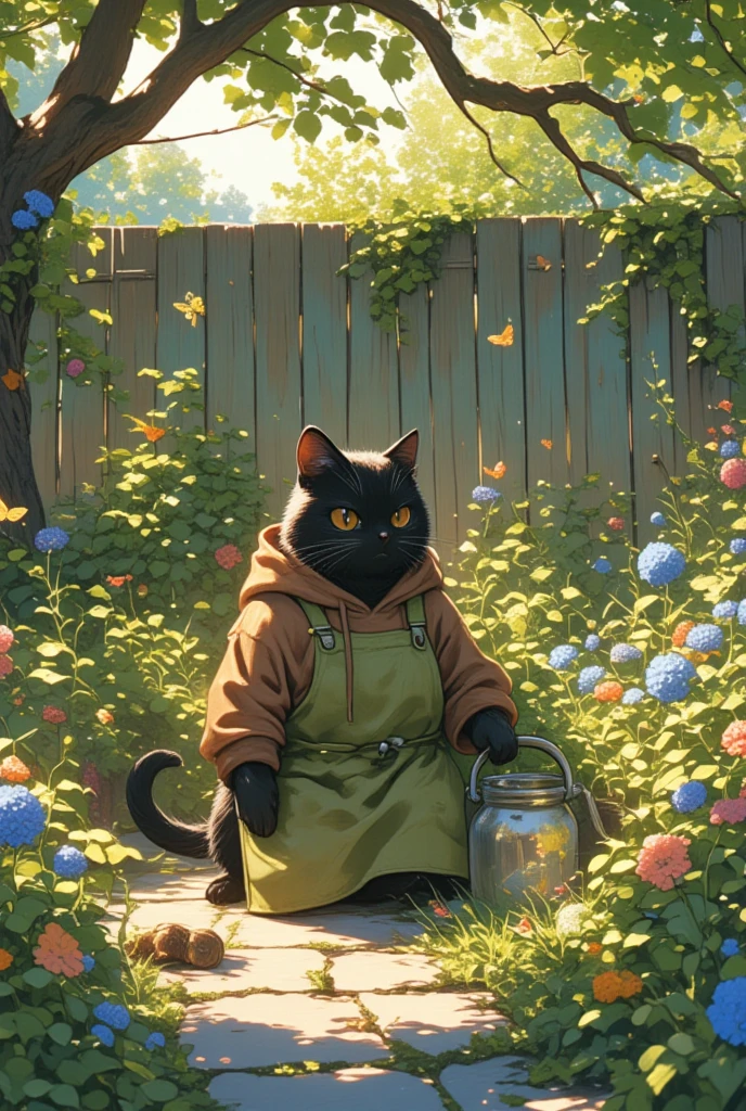 (A large male black cat with a slightly menacing yet gentle appearance) is depicted tending to a vibrant garden. He wears a cozy brown hoodie under a thick, moss-green apron that shows signs of frequent use, with dirt stains and fading patches. His sharp, piercing eyes, which convey a sense of wisdom and warmth, survey the flourishing scene before him. The garden is a verdant oasis, teeming with colorful flowers that sway gently in the breeze and tall sunflowers that tower over the cat, casting playful shadows. A rustic wooden barrel filled with fresh rainwater stands to the side, reflecting rippling sunlight. Scattered around are terracotta pots containing various herbs, and the earth is rich with healthy, dark soil. Wisps of lavender scent the air, mingling with the fresh aroma of mint and rosemary. Nearby, a stone path winds through the garden, leading to a quaint, weathered bench under a sprawling oak tree, its leaves whispering secrets of the seasons past. The setting sun casts a warm, golden hue over the scene, creating an atmosphere of serene tranquility.