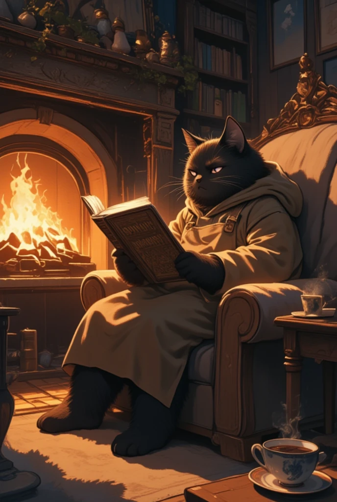 Craft a warm and intimate evening scene highlighting a large male black cat engaged in a quiet reading session. The setting is a cozy living room illuminated by the soft glow of a fireplace, flickering light playing on his sleek black fur. His expression is one of intense curiosity yet softened by a gentle warmth, with piercing eyes focused on the open book in his lap. He's clad in a comfortably snug brown hoodie, and a moss-green apron lies over it, suggesting his readiness to blend leisure with some spontaneous kitchen crafting. Around him, the room exudes warmth and tranquility; there's an inviting armchair enveloping him, a low table nearby holding a steaming cup of herbal tea, and the gentle hum of a vintage record player. The illustration should capture the serene harmony of a devoted reader lost to the world of his book against the backdrop of a calm, homely evening.