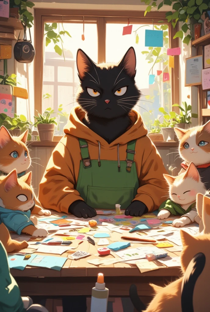 This scene portrays the large black cat sitting at a table with friends, engaging in a crafting session. With a slightly fierce yet endearing look, he's equipped with his trusty brown hoodie and green apron. The table is strewn with colorful paper, scissors, and glue. Each cat in the group is focused on their creations, while sunlight streams through the windows, highlighting their lively banter and camaraderie. The room is cozy, adorned with handmade crafts and personal touches. Despite his intimidating gaze, the black cat's gentle interactions show his playful and supportive side, bringing warmth to the shared creative endeavor.