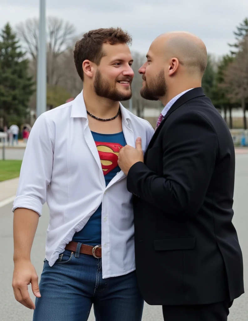 Lex Behind stands is bald man wearing black suits, touching Superman's chest with his hands. Lex kiss Superman.They kiss each other. Superman can't refuse passion kiss. Gay kiss, 
Superman ,a 22-year-old, attractive, a white shirt with muscular,blue dress jeans (tearing his white student shirt:2), taking off an unbuttoned plaid shirt, showing the blue Superman suit  with s logo, He running with big strides and visits the university campus, patriotic smile, 16k,UHD, dslr, insane details, award-winning photo, 
