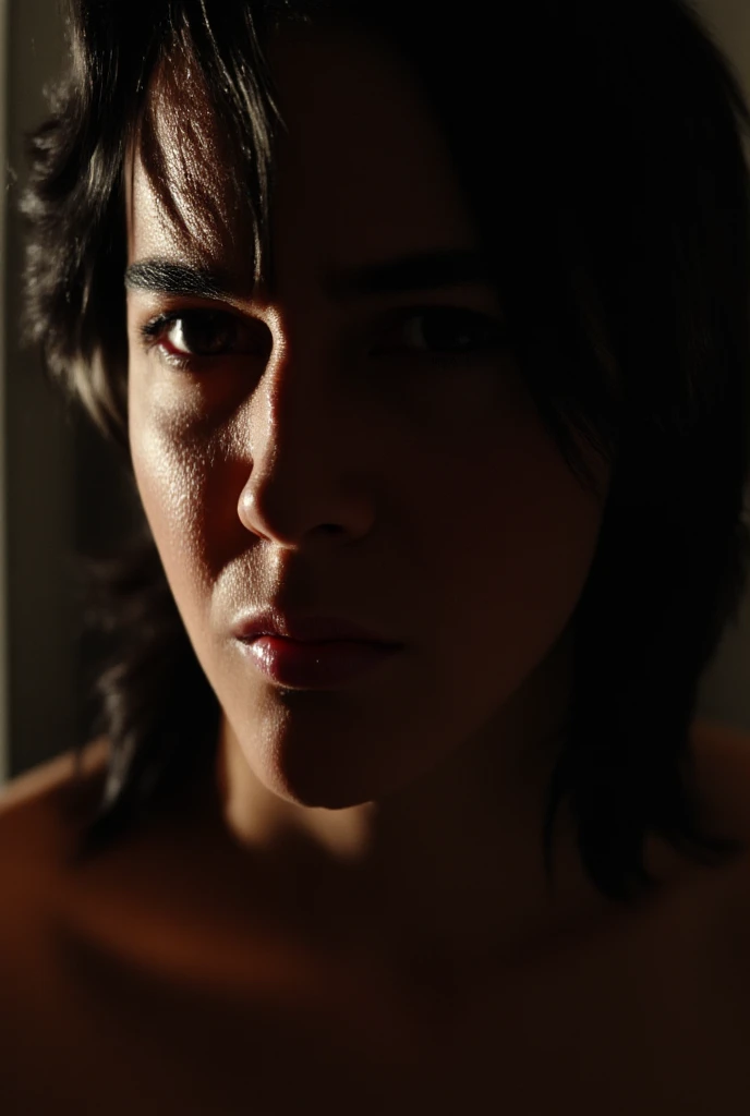 Phenomenal photographic portrait in the ruins. , canon 3.5mm, f1.6, of an average, very slim and Spanish, ethereal woman about looking into the camera. Her face is partially lit and her gaze on the viewer is full of tension. There is semi-darkness, but sunlight enters the room and illuminates the right side of her face. The light is found, low key, set to a wide F1.5 aperture, .  Rays of light, strong chiaroscuro, rembrandt light