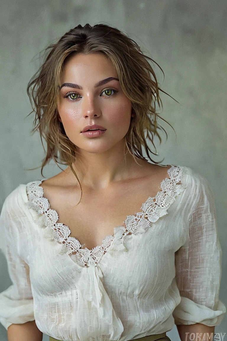 Background in a photo studio 

 

28 year old woman with detailed face, Ridiculous, Incredibly ridiculous detallodo. olive green eyes, slightly uneven, one a little more torn than the other, which gives it an intriguing air. Her nose slightly prominent, with a defined bridge. Her skin is fair, with a few scattered freckles around the nose and cheeks that stand out in the sun. Her lips are asymmetrical, with a slightly thinner upper lip, and have a natural pinkish tone. Her dark blonde hair with golden highlights falls in messy locks, giving her a relaxed, authentic look that stands out for its uniqueness.” 

  

Slim body with prominent bust, realistic detailed, realistic highly detailed skin, soft white satin skirt, choker, vintage, soft white indecent neckline, vintage. 

  

Sitting in a living room, soft artificial lighting.   

 

((Dynamic Pose))), (Camel toe), (pantyhose), (knee-bending leg sitting)) 

-- 

She has very large breasts and wide hips 

 

-- 

With the left hand she grabs a breast 