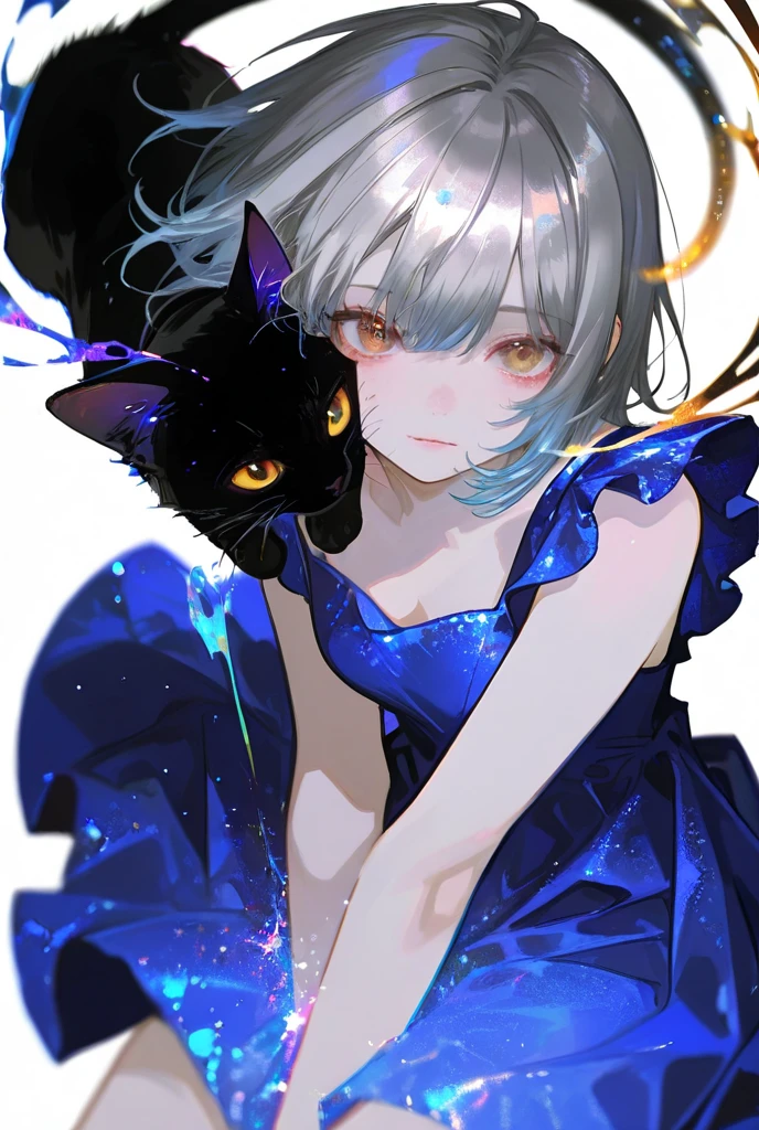  one girl ,Gray Hair, gradation color, Background Blur,  glitter effect,  Amber Eyes ,  blue dress,Black Cat