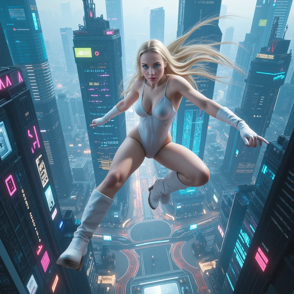 A girl with long white hair wearing a white latex outfit that resembles a spy along with white boots,I want her to fall on top of a car and the car will be destroyed by the impact she fell on top of,add the phrase Bad Idea by photo