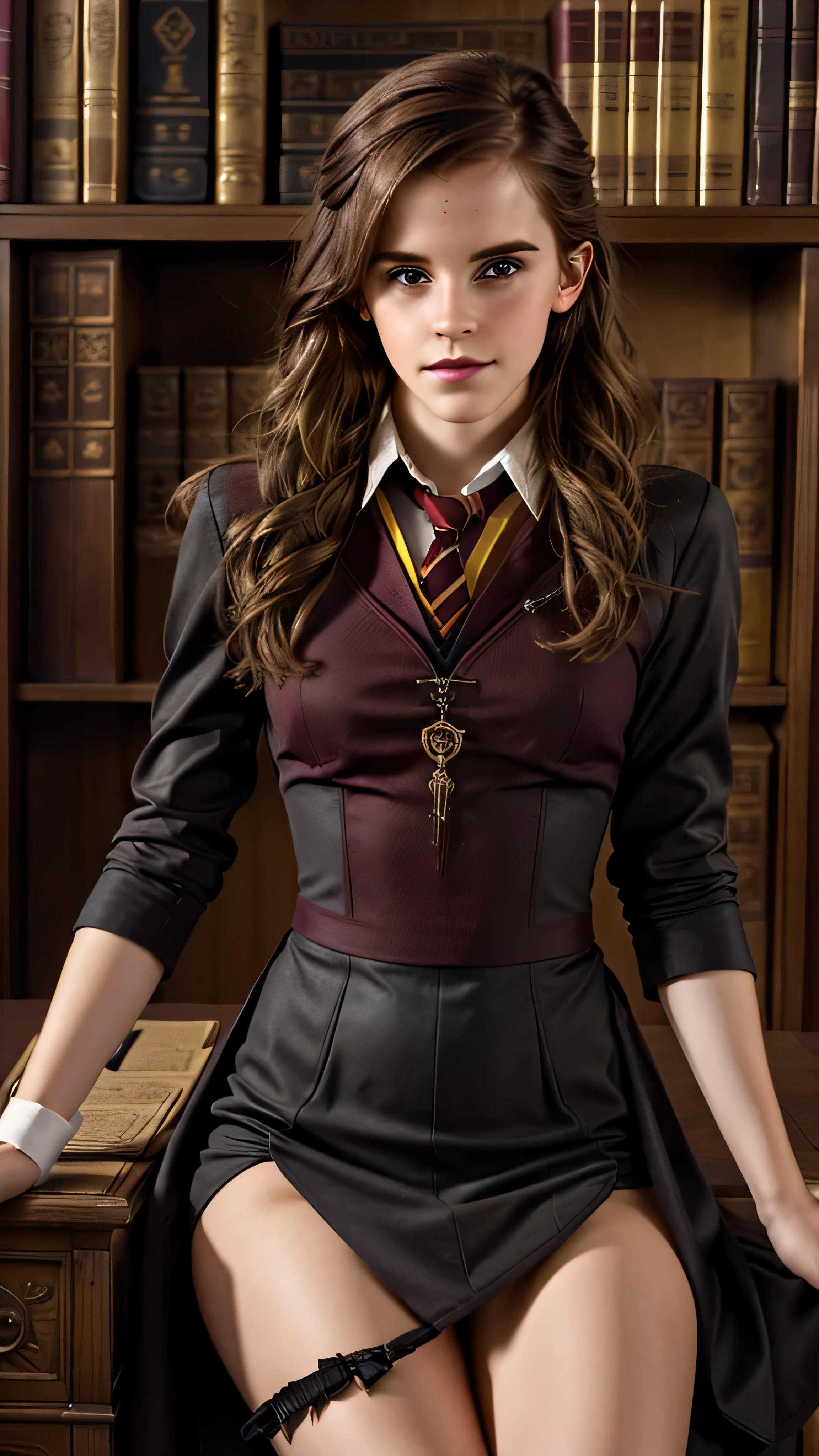 25 year old Emma watson, gryffindor uniform, holding bdsm flogger in right hand, dominatrix, sprawled on library desk