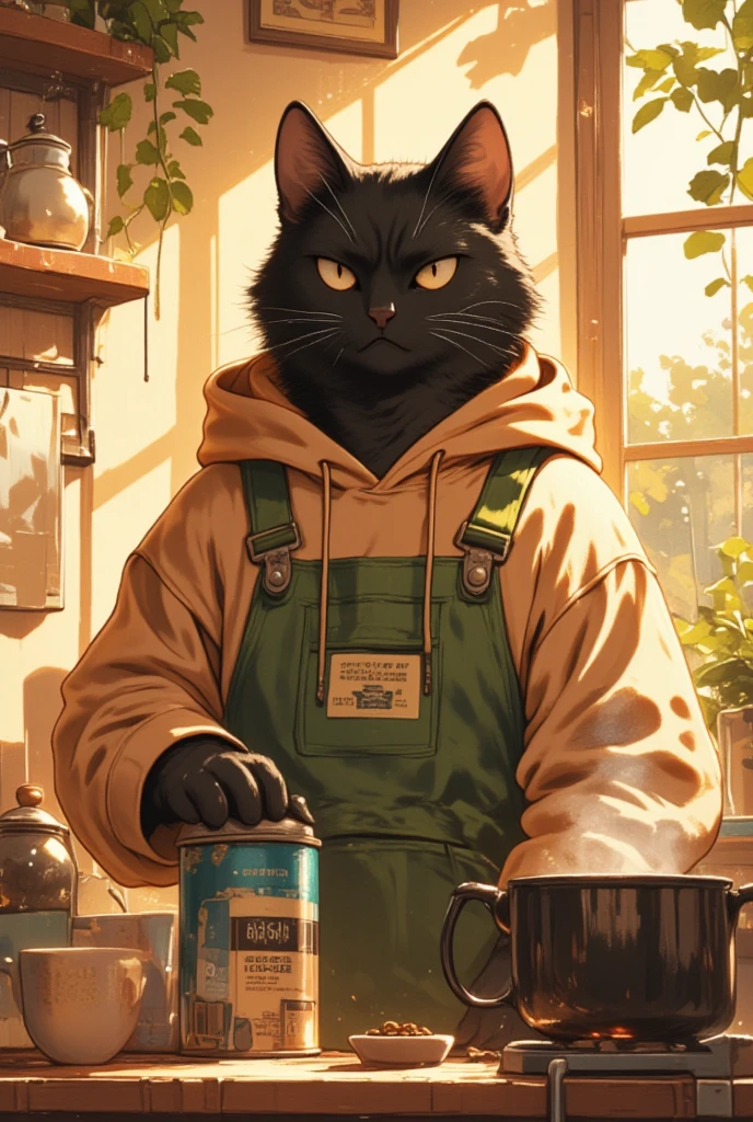 Illustrate a heartwarming kitchen scene featuring a large male black cat with a tough appearance yet gentle vibe. His fur is sleek and dark, and his eyes are narrowly focused, suggesting a thoughtful intensity. He's dressed in a soft brown hoodie that speaks of comfort and familiarity, paired with a thick moss green apron worn during his coffee-making ritual. Sunrays stream through a nearby window, casting a warm, golden light across the kitchen, bathing the scene in an inviting warmth. The countertops are adorned with small personal touches—a vintage kettle, a favorite mug beside a fresh coffee grinder, and a small plant that adds a touch of nature indoors. His paws delicately grip a tin of premium coffee beans, emphasizing a ritualistic morning routine. The focus is on the serenity of the moment, with steam gently rising from a sizzling pot and subtle shadows adding depth to the atmospheric warmth.