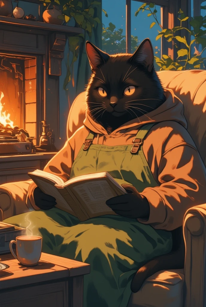 Craft a warm and intimate evening scene highlighting a large male black cat engaged in a quiet reading session. The setting is a cozy living room illuminated by the soft glow of a fireplace, flickering light playing on his sleek black fur. His expression is one of intense curiosity yet softened by a gentle warmth, with piercing eyes focused on the open book in his lap. He's clad in a comfortably snug brown hoodie, and a moss-green apron lies over it, suggesting his readiness to blend leisure with some spontaneous kitchen crafting. Around him, the room exudes warmth and tranquility; there's an inviting armchair enveloping him, a low table nearby holding a steaming cup of herbal tea, and the gentle hum of a vintage record player. The illustration should capture the serene harmony of a devoted reader lost to the world of his book against the backdrop of a calm, homely evening.