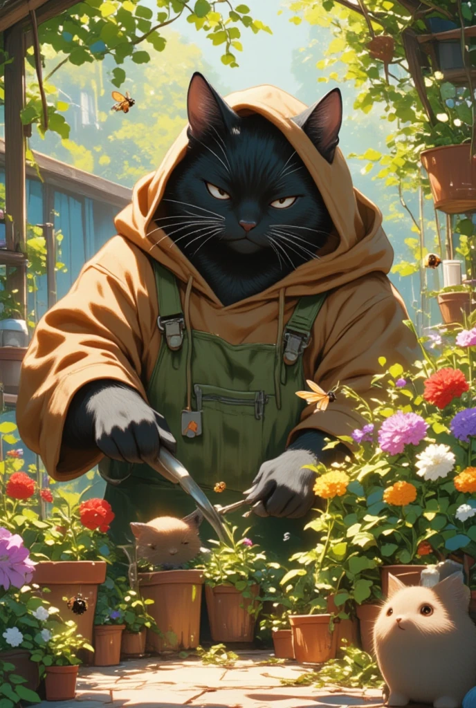 (A large male black cat with a slightly menacing yet gentle appearance) is depicted tending to a vibrant garden. He wears a cozy brown hoodie under a thick, moss-green apron that shows signs of frequent use, with dirt stains and fading patches. His sharp, piercing eyes, which convey a sense of wisdom and warmth, survey the flourishing scene before him. The garden is a verdant oasis, teeming with colorful flowers that sway gently in the breeze and tall sunflowers that tower over the cat, casting playful shadows. A rustic wooden barrel filled with fresh rainwater stands to the side, reflecting rippling sunlight. Scattered around are terracotta pots containing various herbs, and the earth is rich with healthy, dark soil. Wisps of lavender scent the air, mingling with the fresh aroma of mint and rosemary. Nearby, a stone path winds through the garden, leading to a quaint, weathered bench under a sprawling oak tree, its leaves whispering secrets of the seasons past. The setting sun casts a warm, golden hue over the scene, creating an atmosphere of serene tranquility.