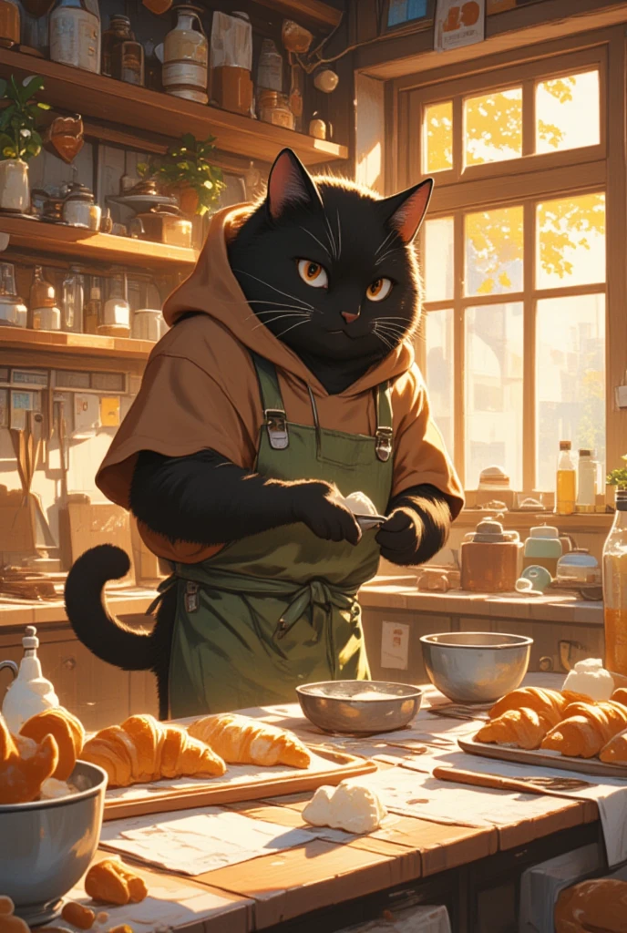 Visualize a delightful afternoon baking session in a warm, rural kitchen atmosphere, with a large male black cat engrossed in crafting delectable pastries. His sharp yet affable eyes concentrate on the fine art of icing sugar, standing in contrast to his rugged black fur and gentle character. Clad in his familiar brown hoodie and thick moss-green apron, he embodies the rustic charm of a seasoned baker. Soft, warm lighting filters through kitchen windows, casting a cozy amber hue over the room filled with the sweet aroma of fresh-baked confections. On the wooden countertops, a spectrum of ingredients and handmade goodies are sprawled in artistic disarray: mixing bowls, a platter of steaming croissants, and dollops of cream ready for the next batch. With meticulous care, he puts the finishing touches on his latest culinary masterpiece, exuding an aura of contentment and warmth in this singularly nurturing space.