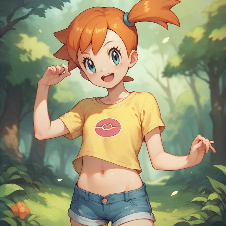 \(pokemon\),  young anime with orange hair , side ponytail, short yellow t-shirt , short jeans,  visible navel, smiling,  Sensual Pose,  observing the environment .  Scenario a well-kept forest on a sunny day.