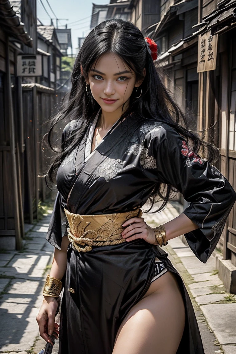  a sexy mature female character wearing armor as a Assassin from the sengoku period 、mature Assassin female with a sharp Japanese sword:1.3, Fight:1.2, beautiful and aesthetic, cute and sexy beauty, perfect style:1.2,((ties up long black hair hair))、((onyx black hair))、((toned body))、(glistening skin)、((beautiful breasts 1.3))、 plump breasts 、 plump thighs 、( A sexy female character wearing a black and red kimono armor )、(embarrassing smile, The expression on your face when you feel intense caress, Facial expression when feeling pleasure), (Wearing a  Sengoku uniform:1.1, ),  Super high resolution and realistic touch 、 ((dynamic fighting pose))、((dynamic pose))、 Strong yet elegant atmosphere ,A dynamic pose is depicted in detail、、Take a pose in the streets of the Sengoku period