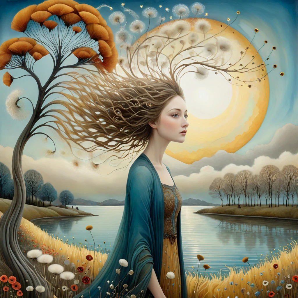 oil and acrylic painting. In the style of Andy Kehoe and Tracy Grimwood, Catrin Welz-Stein, Klimt. Background a tree-lined promenade on the waterfront. wide shot of a young woman, soft, sky-blue eyes, with light brown hair, walks by and lets the wind tousle her hair. Twisted trees, branches are transparent blown glass expanding skyward in ellipses. Dandelion blossoms, poppies, pampas grass, cherry blossoms, dried flowers bloom. Disc-shaped polychrome sun buds with marbled spirals, sunbeams like strands of coral, vitrified ambers. Warm colors, ochre yellows, browns, shades of blue, reds.
