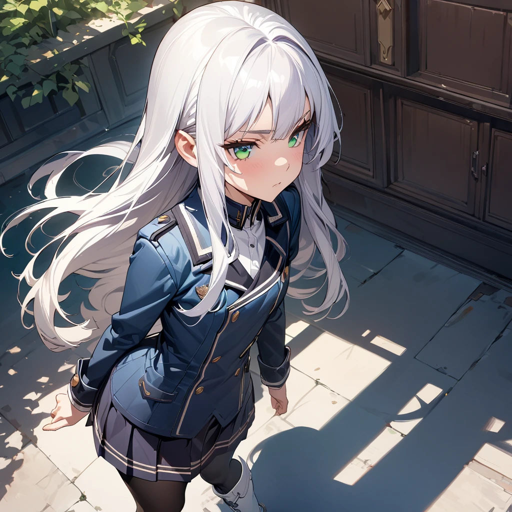 (masterpiece),(best quality),(ultra-detailed),(best illustration),(best shadow),(absurdres),(detailed background),(very aesthetic), Altina Orion, white hair, long hair, sidelocks, green eyes, flat chest, black cabbie hat, blue shirt, school uniform, skirt, black pantyhose, white boots,