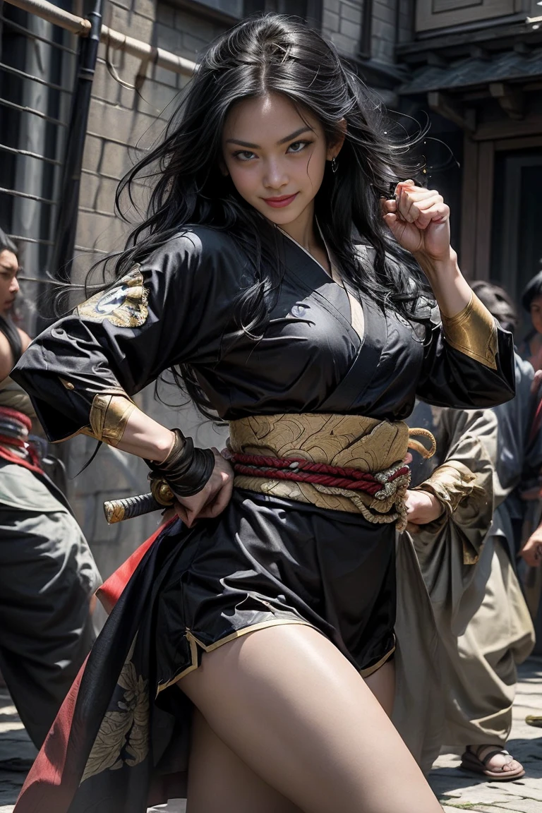  a sexy mature female character wearing armor as a Assassin from the sengoku period 、((mature Assassin female with a sharp Japanese sword:1.3, Fight:1.2)), beautiful and aesthetic, cute and sexy beauty, perfect style:1.2,((ties up long black hair hair))、((onyx black hair))、((toned body))、(glistening skin)、((beautiful breasts 1.3))、 plump breasts 、 plump thighs 、( A sexy female character wearing a black and red kimono armor )、(embarrassing smile, The expression on your face when you feel intense caress, Facial expression when feeling pleasure), (Wearing a  Sengoku uniform:1.1, ),  Super high resolution and realistic touch 、 ((dynamic fighting pose))、((dynamic pose))、 Strong yet elegant atmosphere ,A dynamic pose is depicted in detail、、Take a pose in the streets of the Sengoku period