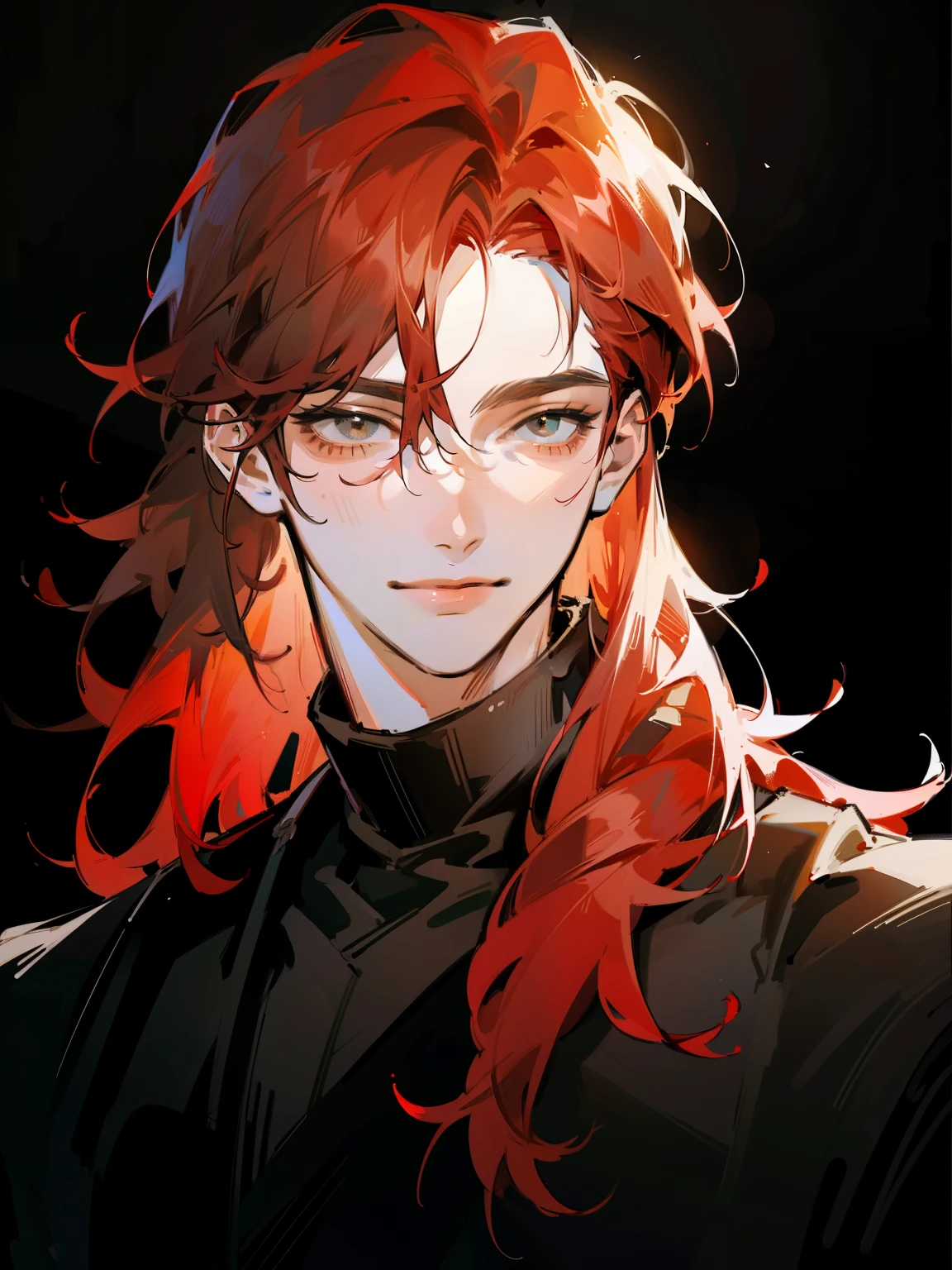(portrait:1.3), Designed by nty, (Best quality,4K,8K,a high resolution,masterpiece:1.2),ultra, Beautiful young man, red hair, Bright scarlet hair, lovely hairstyle, perfect detailed scarlet hair, black eyes, shoulder length hair, (tied hair:1.2) white high neck sweater, detailed yes, Handsome, alfa, muscular, front view, black background, shoulder level, high quality, amount of drawing, pixiv illustration, God's clothing , smile, ((mature man, man 40 years old)), (square jaw), black background