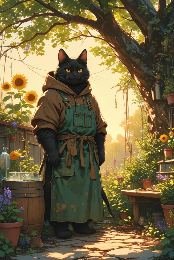 (A large male black cat with a slightly menacing yet gentle appearance) is depicted tending to a vibrant garden. He wears a cozy brown hoodie under a thick, moss-green apron that shows signs of frequent use, with dirt stains and fading patches. His sharp, piercing eyes, which convey a sense of wisdom and warmth, survey the flourishing scene before him. The garden is a verdant oasis, teeming with colorful flowers that sway gently in the breeze and tall sunflowers that tower over the cat, casting playful shadows. A rustic wooden barrel filled with fresh rainwater stands to the side, reflecting rippling sunlight. Scattered around are terracotta pots containing various herbs, and the earth is rich with healthy, dark soil. Wisps of lavender scent the air, mingling with the fresh aroma of mint and rosemary. Nearby, a stone path winds through the garden, leading to a quaint, weathered bench under a sprawling oak tree, its leaves whispering secrets of the seasons past. The setting sun casts a warm, golden hue over the scene, creating an atmosphere of serene tranquility.