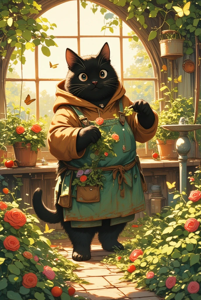 (A large male black cat with a slightly menacing yet gentle appearance) is depicted tending to a vibrant garden. He wears a cozy brown hoodie under a thick, moss-green apron that shows signs of frequent use, with dirt stains and fading patches. His sharp, piercing eyes, which convey a sense of wisdom and warmth, survey the flourishing scene before him. The garden is a verdant oasis, teeming with colorful flowers that sway gently in the breeze and tall sunflowers that tower over the cat, casting playful shadows. A rustic wooden barrel filled with fresh rainwater stands to the side, reflecting rippling sunlight. Scattered around are terracotta pots containing various herbs, and the earth is rich with healthy, dark soil. Wisps of lavender scent the air, mingling with the fresh aroma of mint and rosemary. Nearby, a stone path winds through the garden, leading to a quaint, weathered bench under a sprawling oak tree, its leaves whispering secrets of the seasons past. The setting sun casts a warm, golden hue over the scene, creating an atmosphere of serene tranquility.