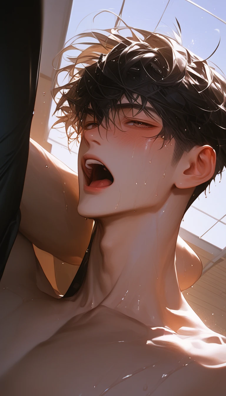 floor， first person， Full Body Photo ，Overlooking，A boy is lying down， is in good shape ， smooth skin ， Korean comic style ，Look at the lens，Young and energetic，Slim body ，Cross Ministry ， White Skin，Tattoo，Black long hair，Middle，wet hairstyle ， a handsome face and a small face ， Sweating，Gasp ， blush,An 18-year-old boy ， Glamorous Eyes 