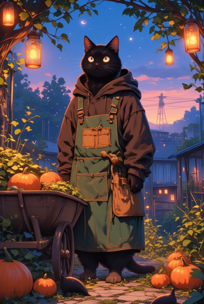 (A large male black cat with a slightly menacing yet gentle appearance) is depicted tending to a vibrant garden. He wears a cozy brown hoodie under a thick, moss-green apron that shows signs of frequent use, with dirt stains and fading patches. His sharp, piercing eyes, which convey a sense of wisdom and warmth, survey the flourishing scene before him. The garden is a verdant oasis, teeming with colorful flowers that sway gently in the breeze and tall sunflowers that tower over the cat, casting playful shadows. A rustic wooden barrel filled with fresh rainwater stands to the side, reflecting rippling sunlight. Scattered around are terracotta pots containing various herbs, and the earth is rich with healthy, dark soil. Wisps of lavender scent the air, mingling with the fresh aroma of mint and rosemary. Nearby, a stone path winds through the garden, leading to a quaint, weathered bench under a sprawling oak tree, its leaves whispering secrets of the seasons past. The setting sun casts a warm, golden hue over the scene, creating an atmosphere of serene tranquility.