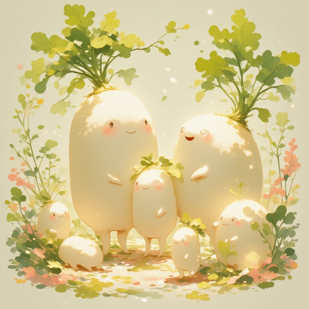 a beautiful artistic illustration of a group of small characters, little plant-like daikon.the image conveys whimsical and fairy-tale-like atmosphere