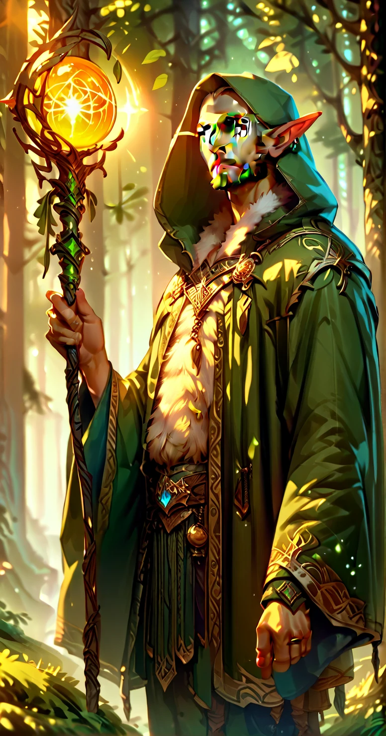 Handsome bald man with blue eyes pointy ears, looking at viewer, , wearing a fur trimmed brown cloak , green leggings, barefoot, holding a golden orbstaff,  forest background 